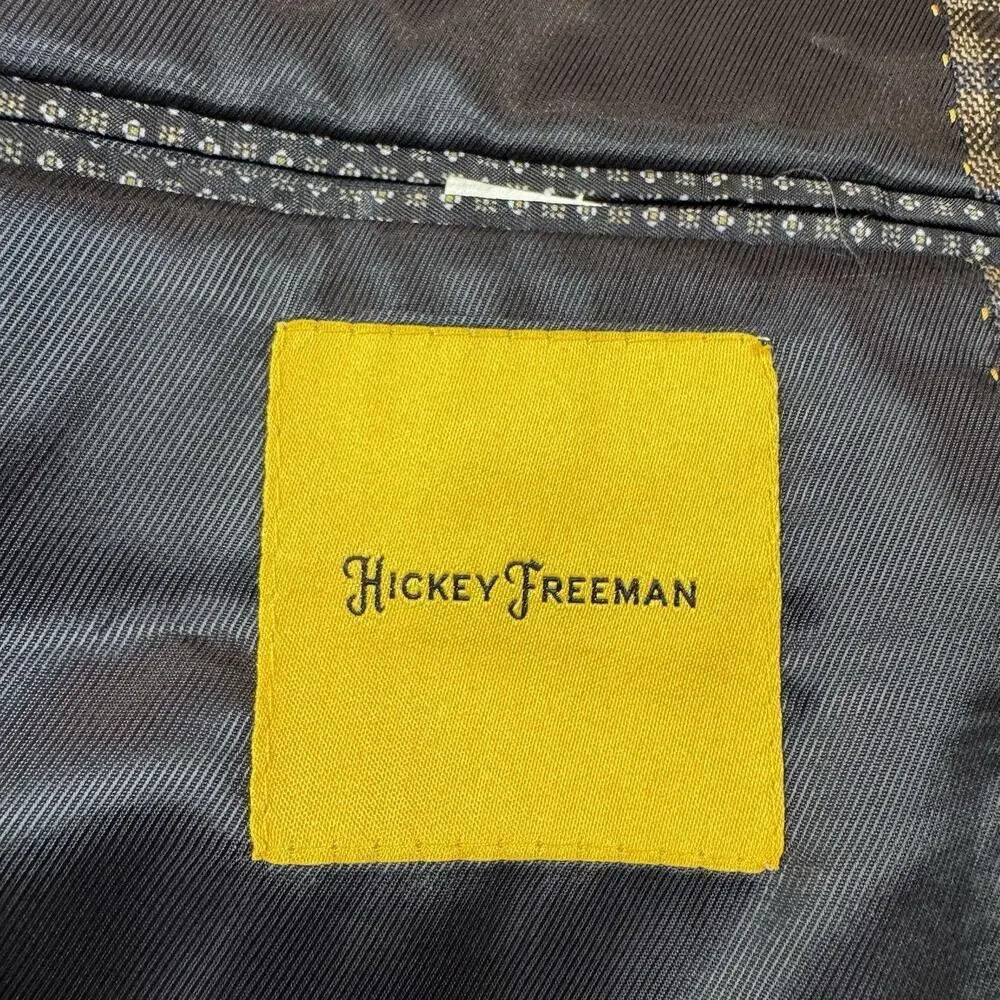 Hickey Freeman 46R Gingham Check Linen Wool Blend Blazer Sport Coat Brown Blue